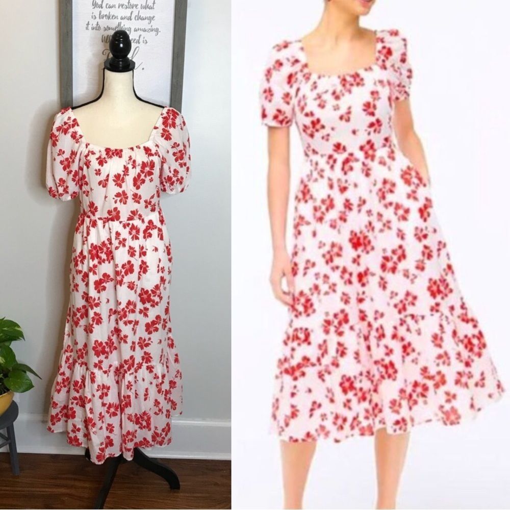 J. CREW • SIZE: 6 • BEAUTIFUL LINED WHITE MIDI DRESS WITH RED FLORAL PRINT